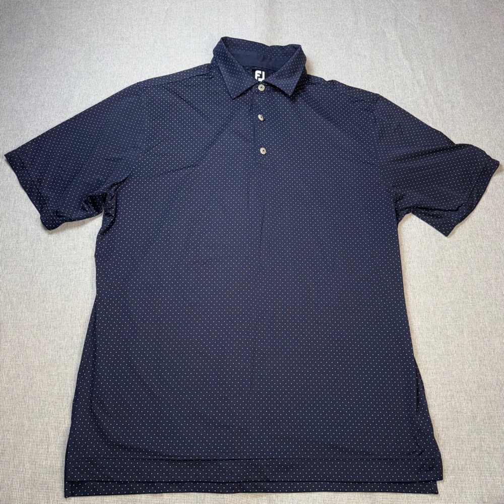 FootJoy Mens Large Navy Blue Micro Dot Golf Polo Falcon Dunes Jet Logo Shirt